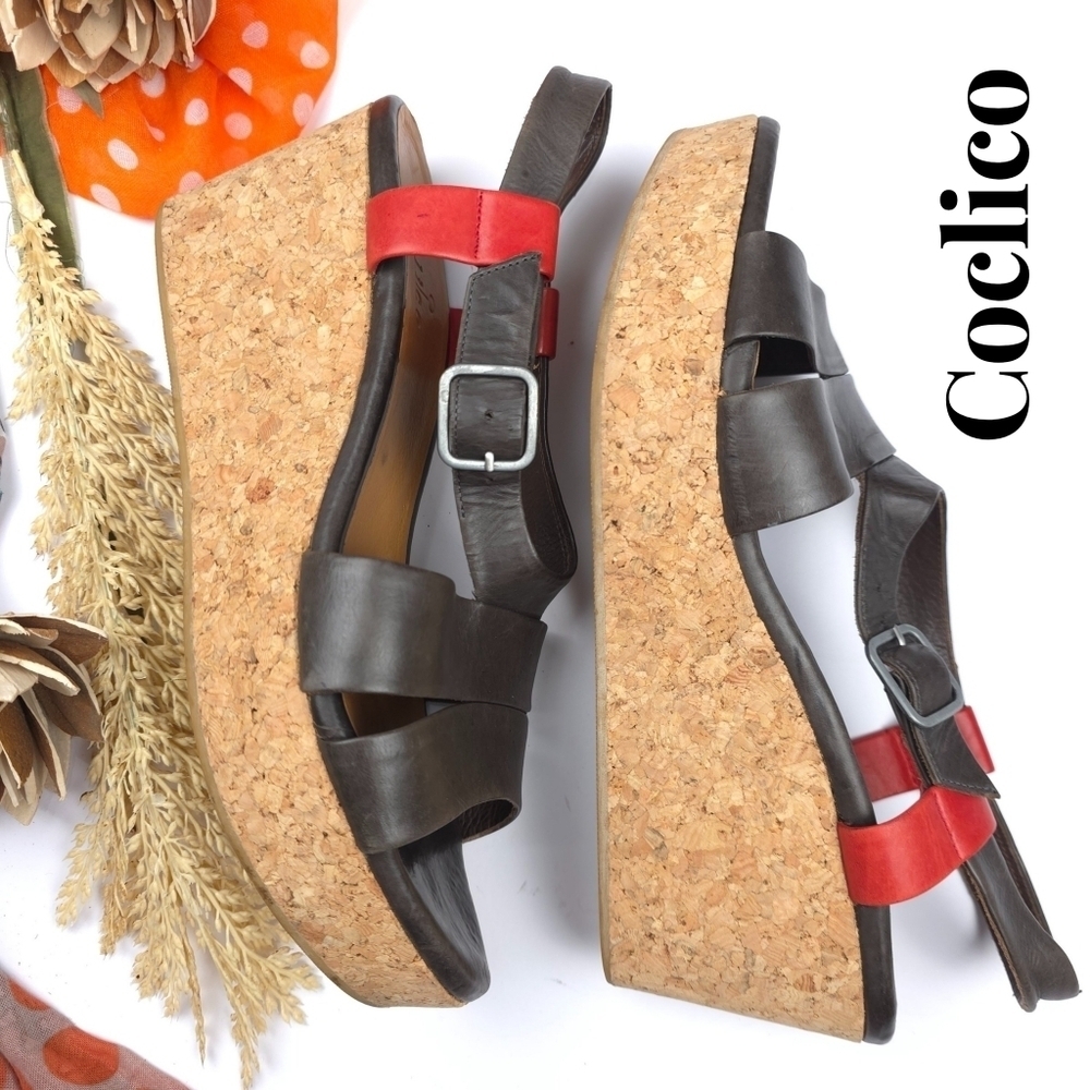 Coclico Women's Black and Red Wedge Cork Platform Sandals Sz 9.5m - Picture 1 of 9